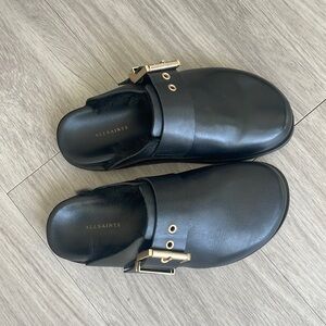 All Saints Black Leather Mules with Gold Buckle